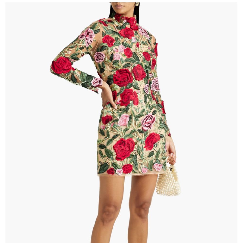 Oscar De La Renta Floral Embroidered Long Sleeve Cocktail Minidress - size 6